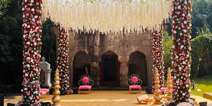Destination wedding setup on the lawn at Fort JadhavGadh near Pune
