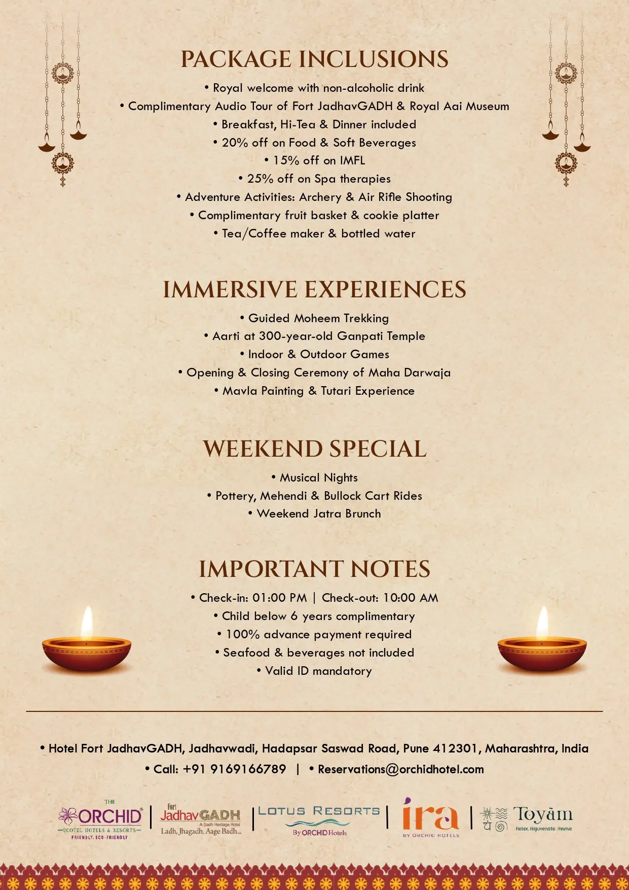 Diwali package inclusions at Fort JadhavGADH heritage resort near Pune