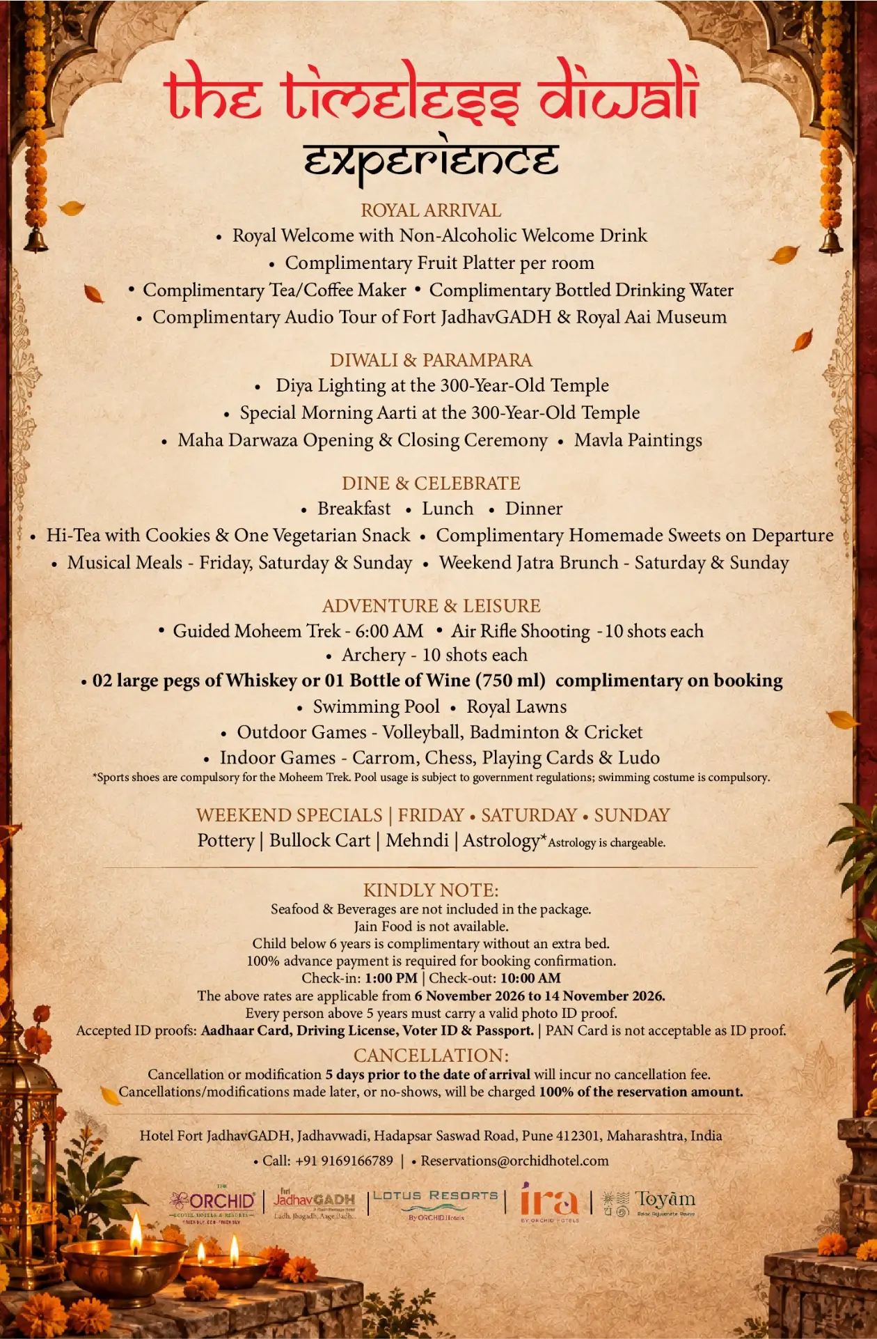 Diwali package inclusions at Fort JadhavGADH heritage resort near Pune