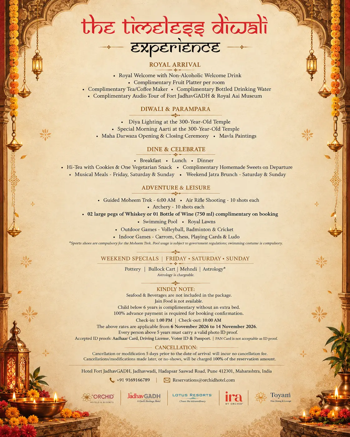 Diwali package inclusions at Fort JadhavGADH heritage resort near Pune