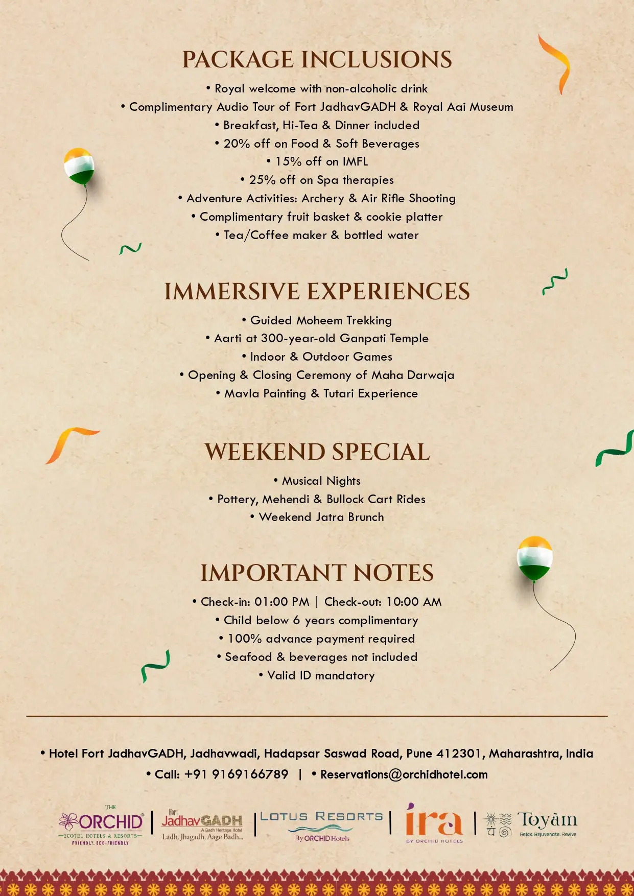Independence Day package inclusions at Fort JadhavGADH heritage resort