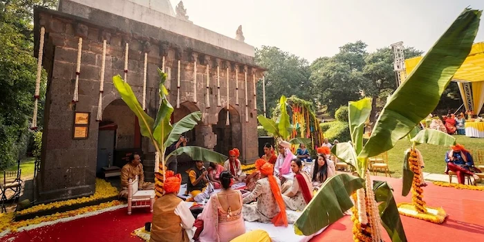 Royal Maratha wedding venue with historic fort backdrop