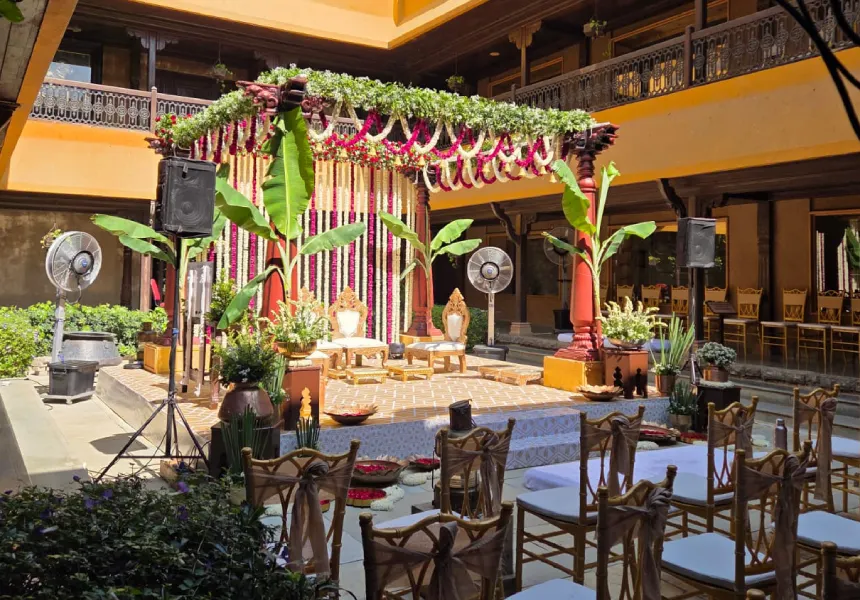 Wedding decor at the Aai Museum courtyard inside Fort JadhavGADH heritage fort resort, Pune